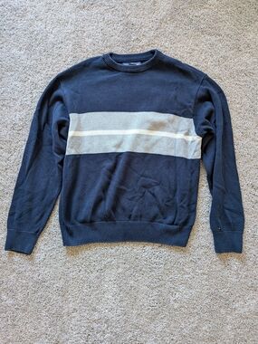 American Classics, International Waters Navy Crewneck Sweater with Grey Stripe